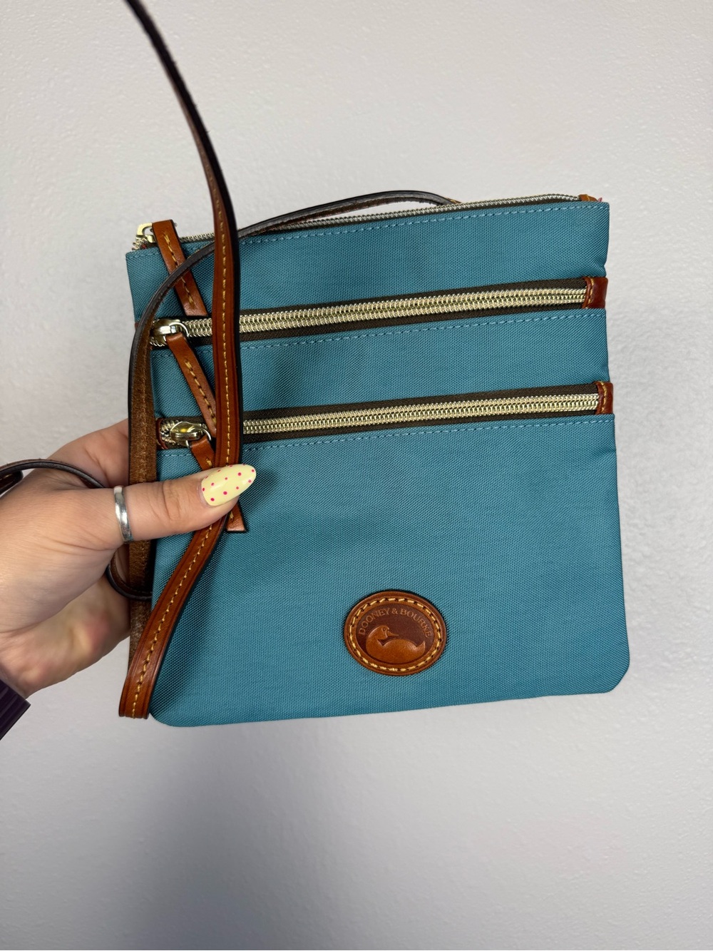 Dooney & Bourke Nylon North South Triple Zip Teal Crossbody with Leather Trim